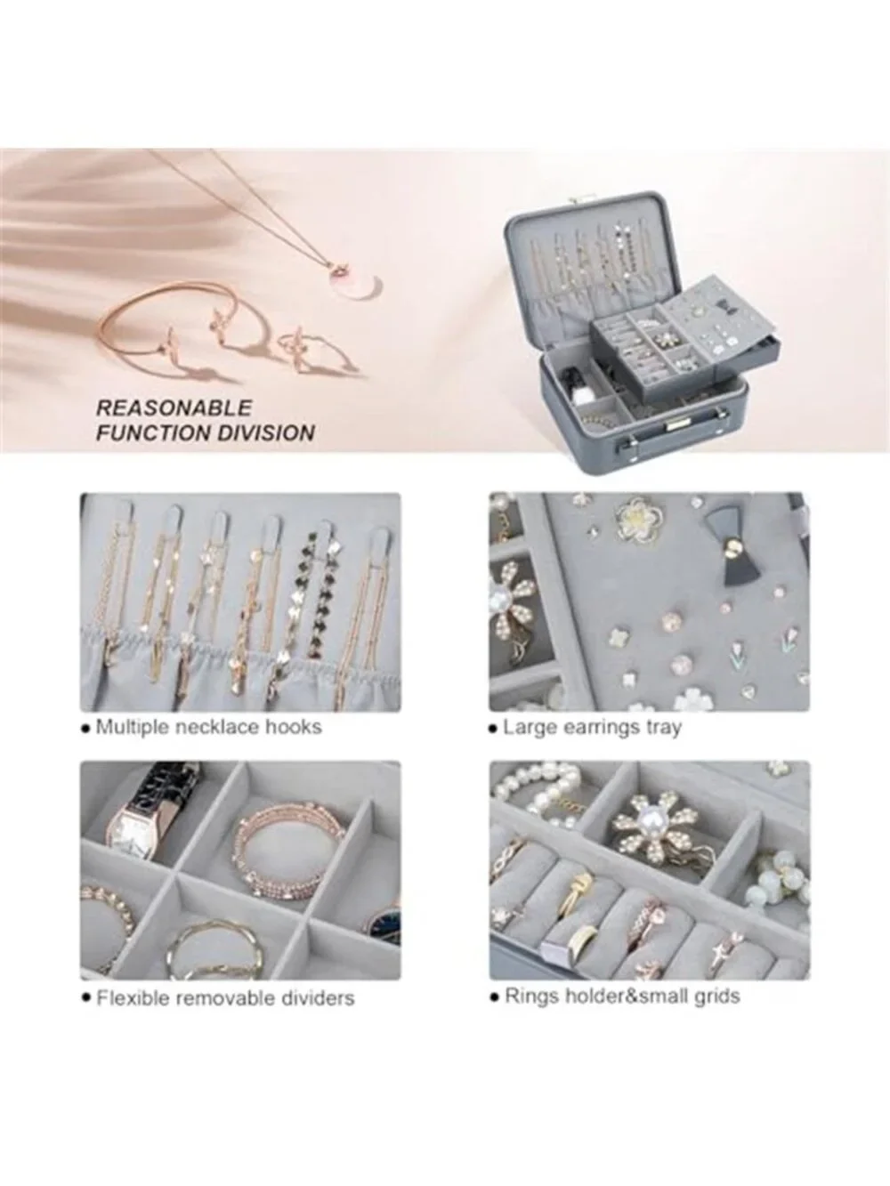 Large Travel Jewelry Box Organizer Case Leather 2 Layer Necklace Ring Storage